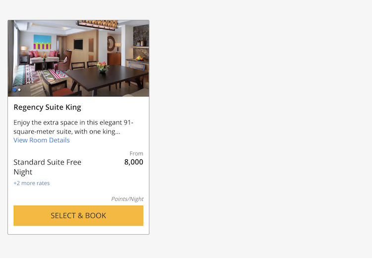 points pricing showing Regency Suite King at 8k per night